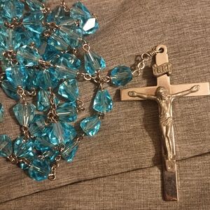 Silver Crucifix with Blue Crystal Beads